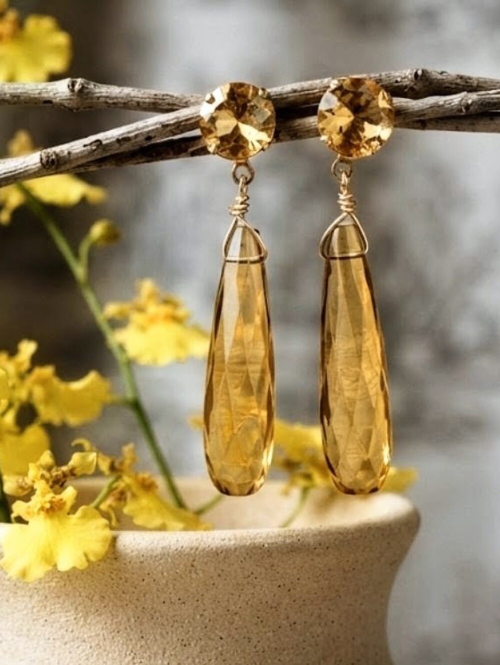 Splendid Natural 3.2 Total Carats Citrine W/ Faceted Citrine Long Drop Earrings